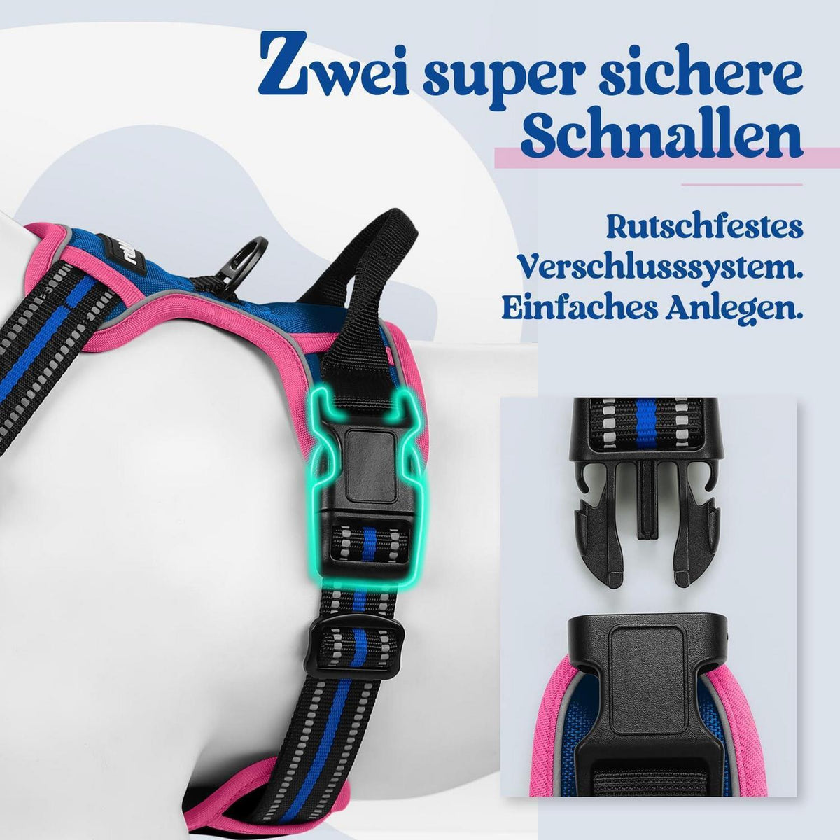 Hundegeschirr mittel, Anti-Zug, Blau & Rosa, Größe S