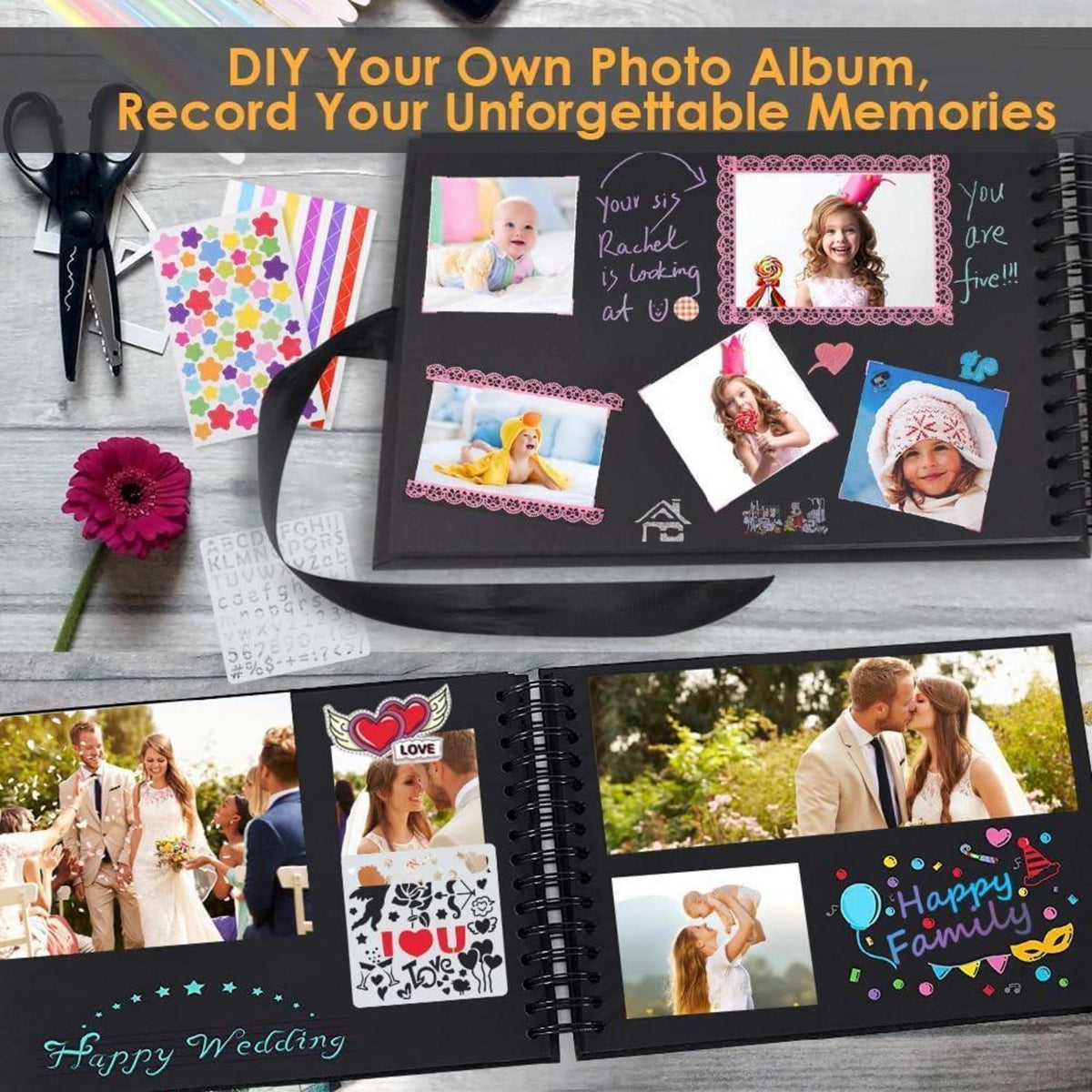 DIY Fotoalbum Schwarz 60 Seiten zum Selbstgestalten 24x17 cm