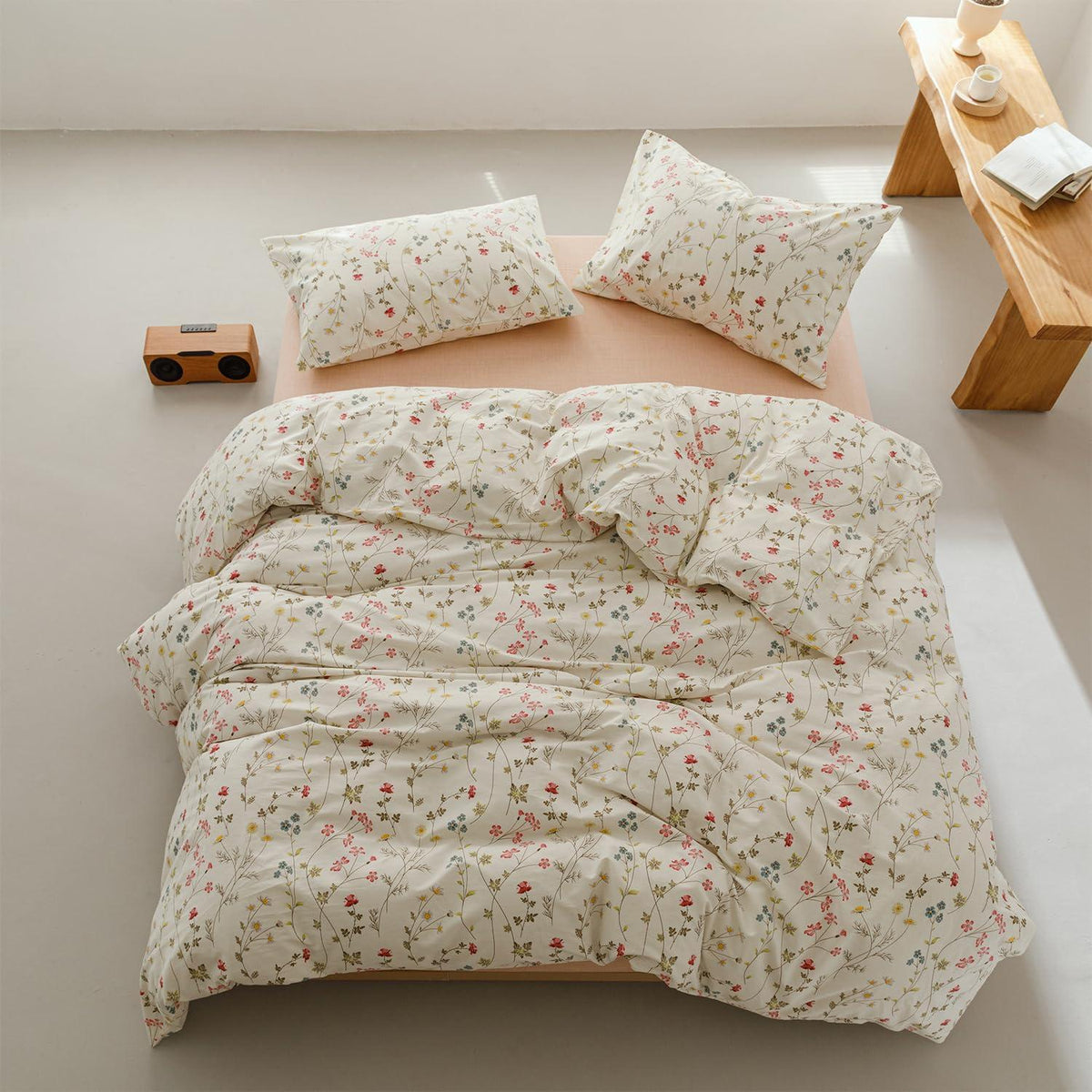 Blumen Bettwäsche Set 220x240 cm Beige Baumwolle 3tlg.