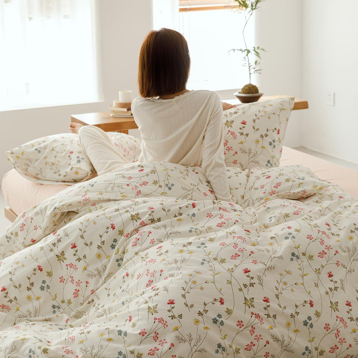 Blumen Bettwäsche Set 220x240 cm Beige Baumwolle 3tlg.