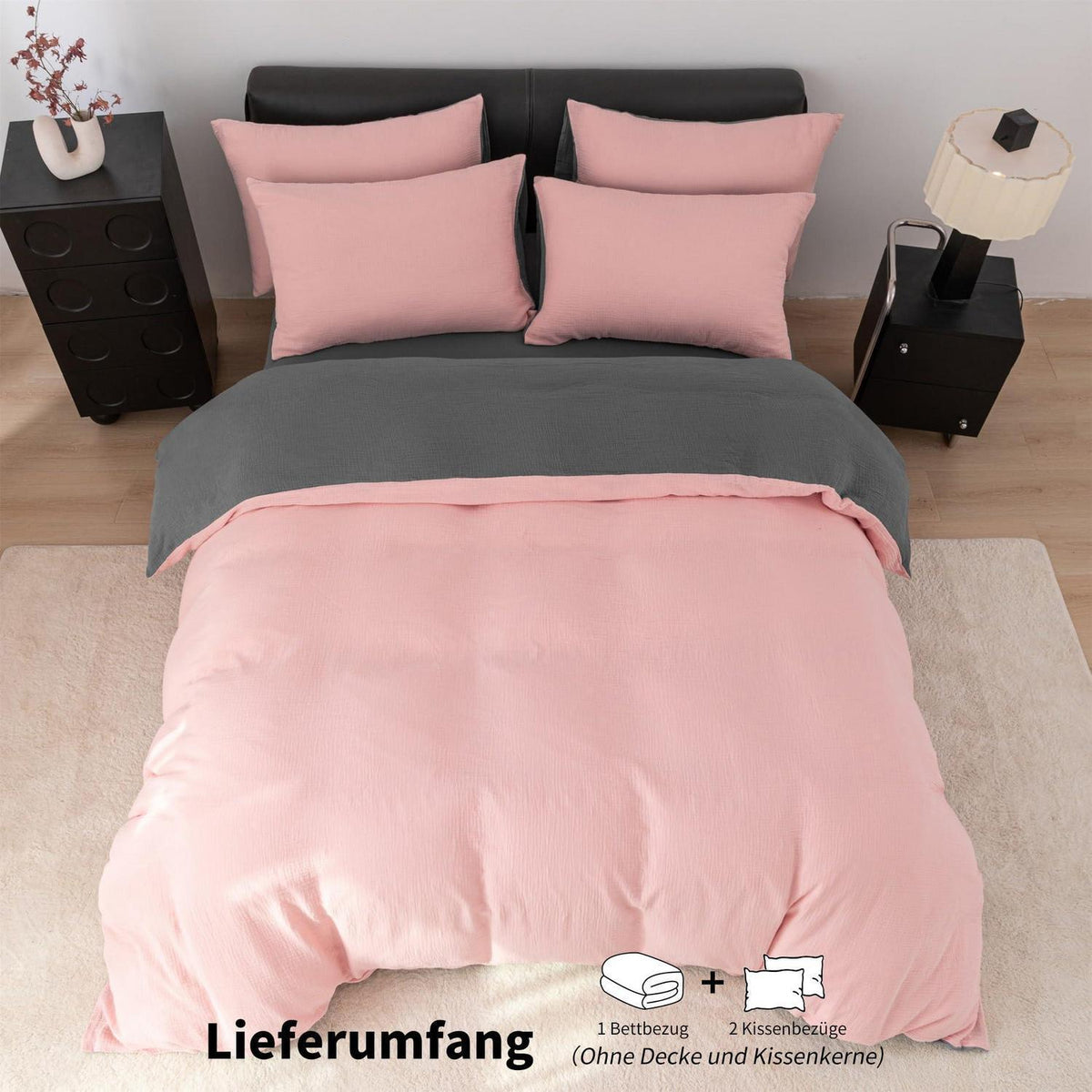 Doppelte Muslin Bettwäsche 155x220 Rosa Grau – 3-teilig