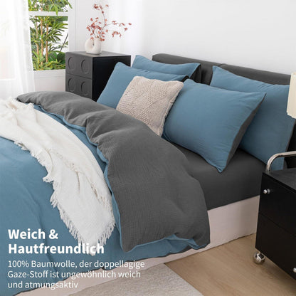 Doppelte Muslin Bettwäsche 220x240 Petrol Grau – 3-teilig