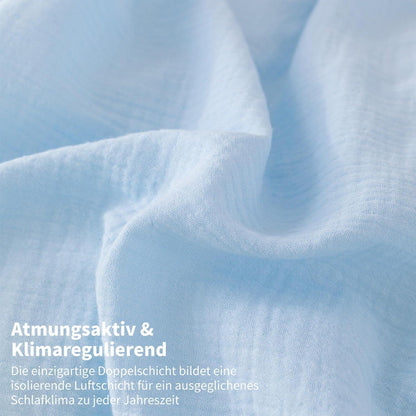 Doppelte Muslin Bettwäsche 200x200 Blau Grau – 3-teilig & Atmungsaktiv