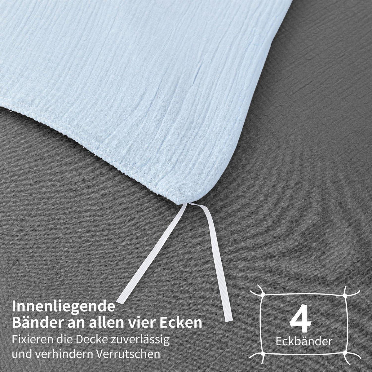 Doppelte Muslin Bettwäsche 200x200 Blau Grau – 3-teilig & Atmungsaktiv