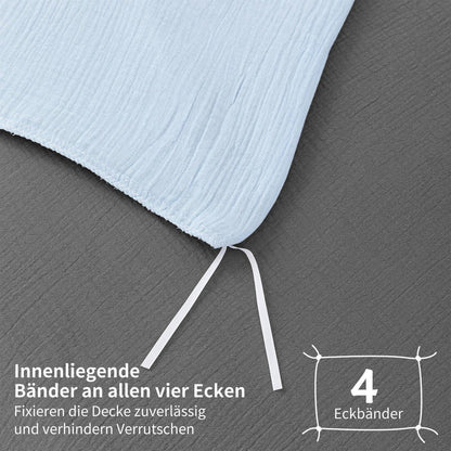 Doppelte Muslin Bettwäsche 200x200 Blau Grau – 3-teilig & Atmungsaktiv