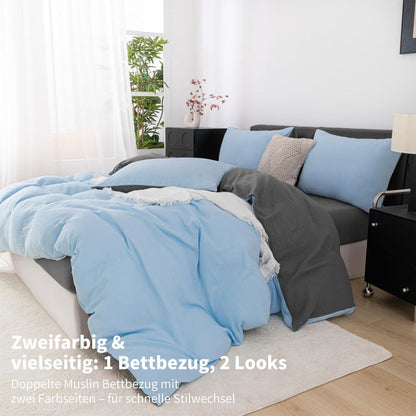 Doppelte Muslin Bettwäsche 200x200 Blau Grau – 3-teilig & Atmungsaktiv