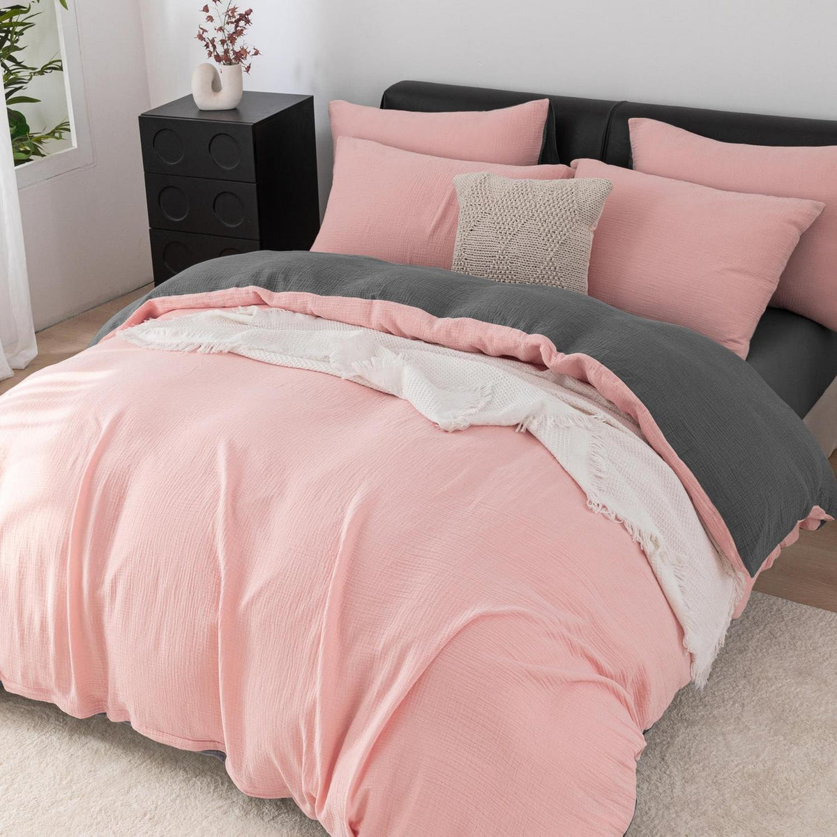 Doppelte Muslin Bettwäsche 220x240 Rosa Grau – Weich & Atmungsaktiv