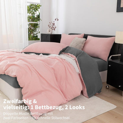 Doppelte Muslin Bettwäsche 220x240 Rosa Grau – Weich & Atmungsaktiv