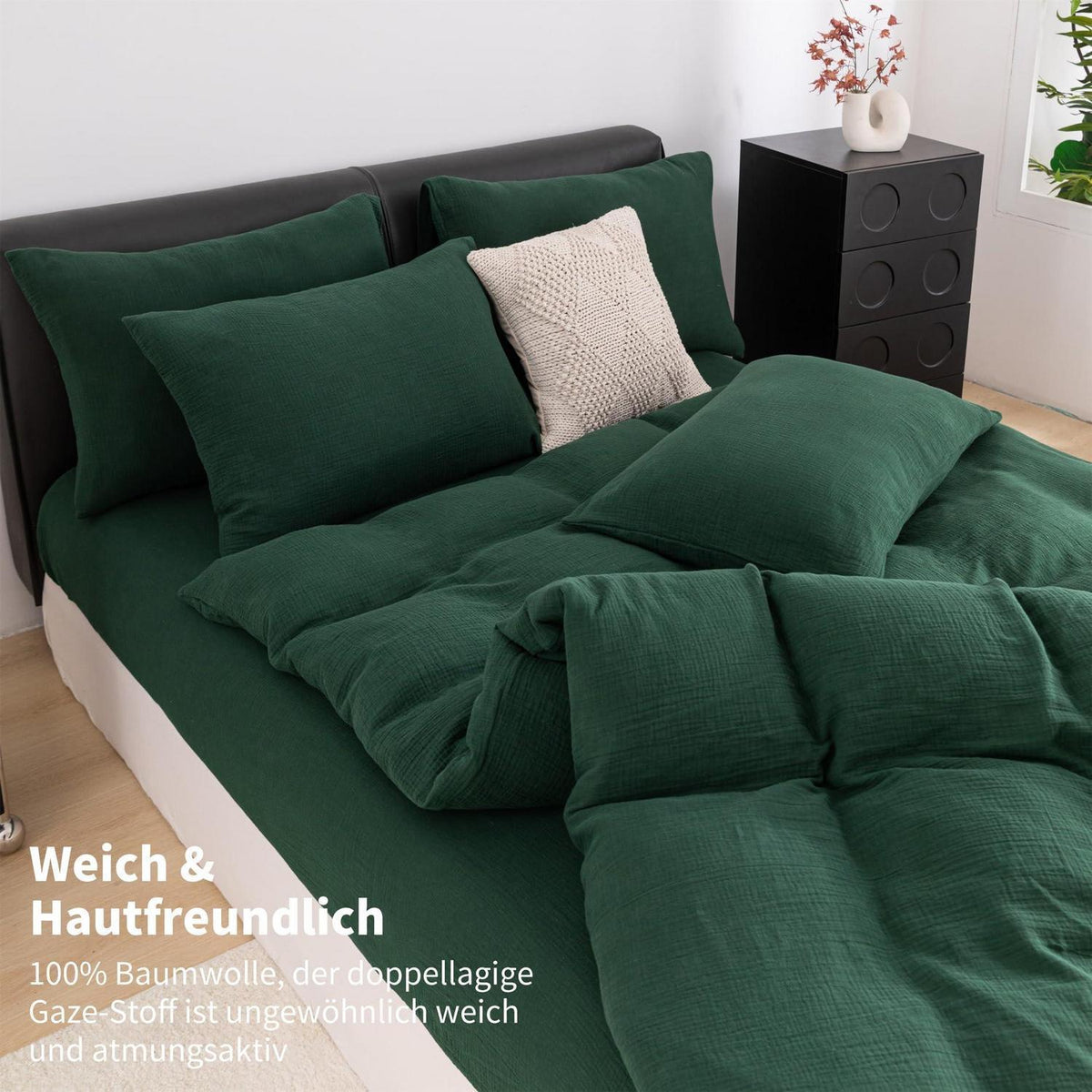 Doppelte Muslin Bettwäsche Dunkelgrün 155x220 cm - 3-teilig