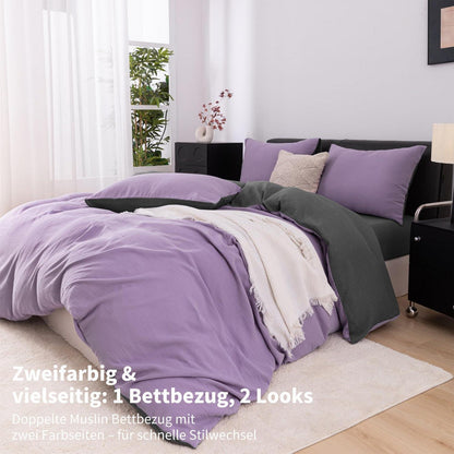 Doppelte Muslin Bettwäsche Lila Grau 155x220 cm - 3-teilig