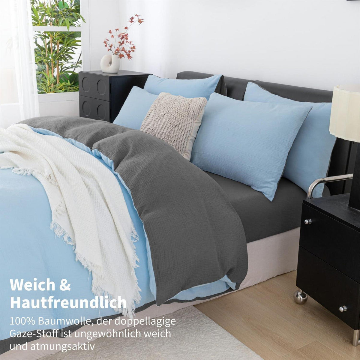 Doppelte Muslin Bettwäsche 155x220 Blau Grau – 3-teilig