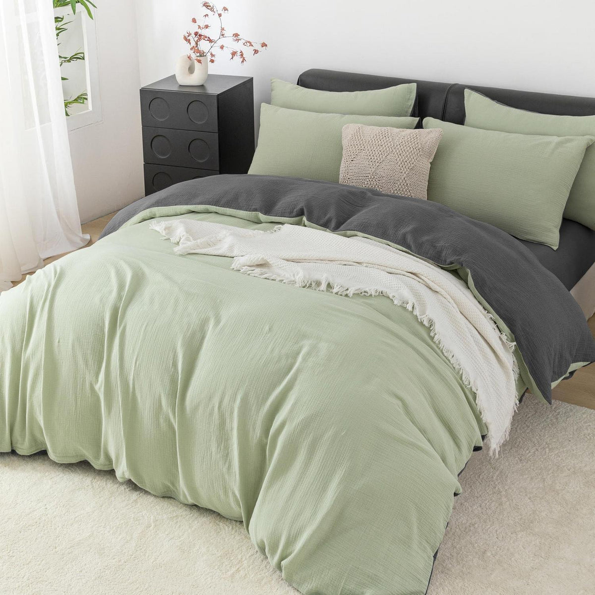 Doppelte Muslin Bettwäsche 200x220 Grün Grau – Weich & Atmungsaktiv