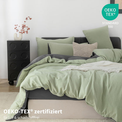 Doppelte Muslin Bettwäsche 200x220 Grün Grau – Weich & Atmungsaktiv