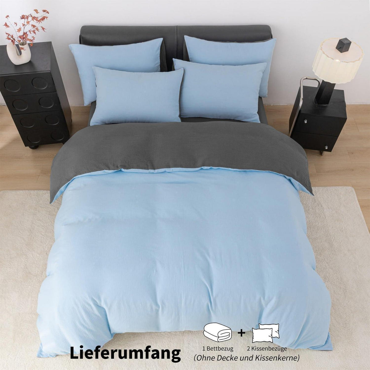 Doppelte Muslin Bettwäsche 200x220 Blau Grau – Weich & Atmungsaktiv