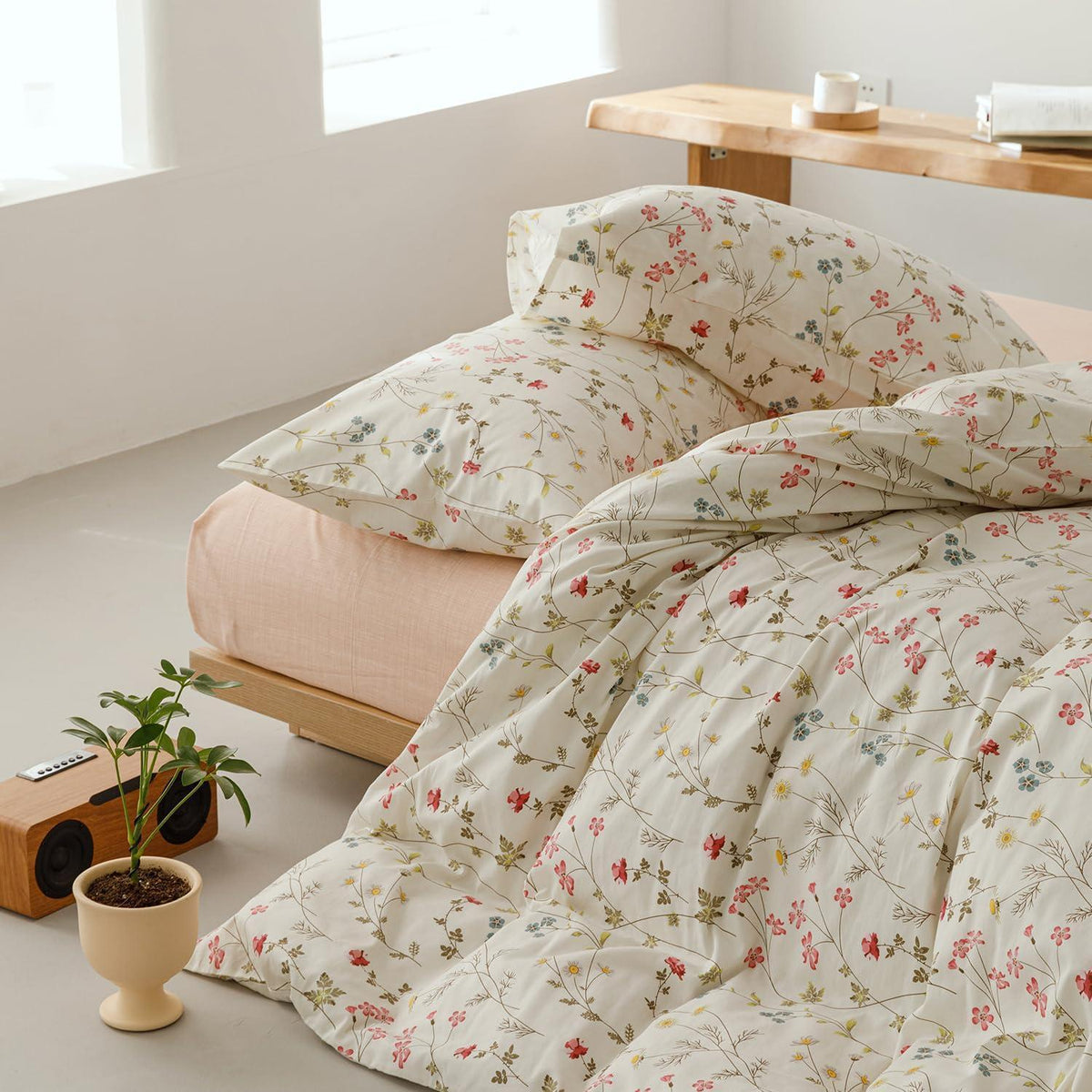 Blumen Bettwäsche Set 135x200 cm Baumwolle Beige 4tlg.