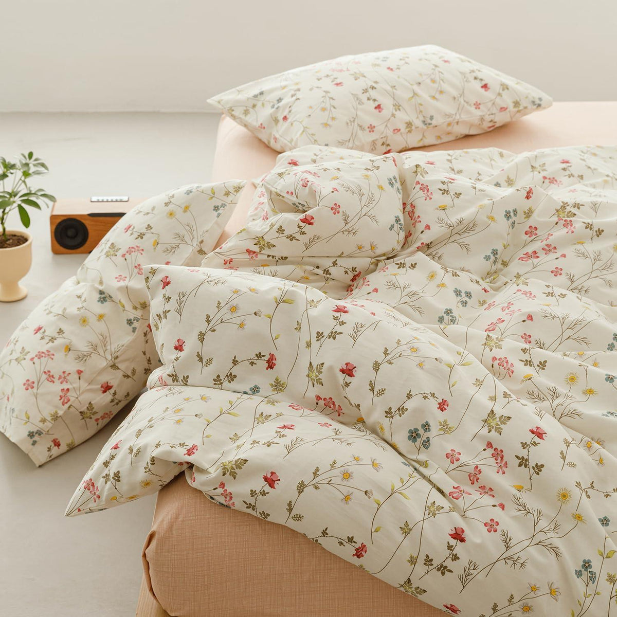 Blumen Bettwäsche Set 135x200 cm Baumwolle Beige 4tlg.