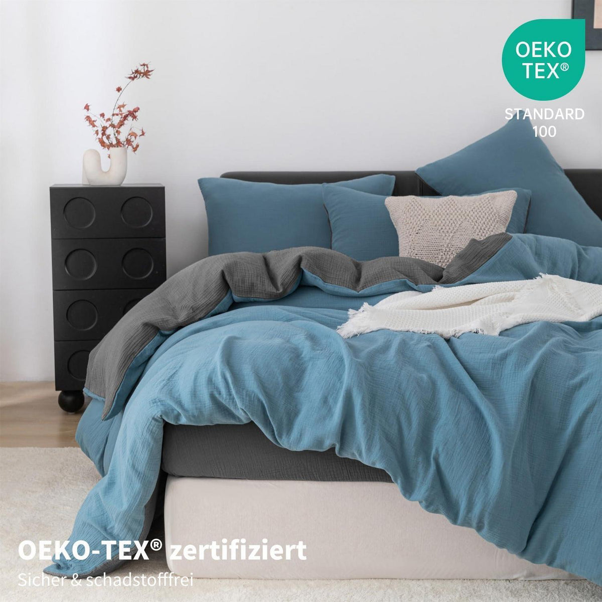 Doppelte Muslin Bettwäsche 200x200 Petrol Grau – 3-teilig
