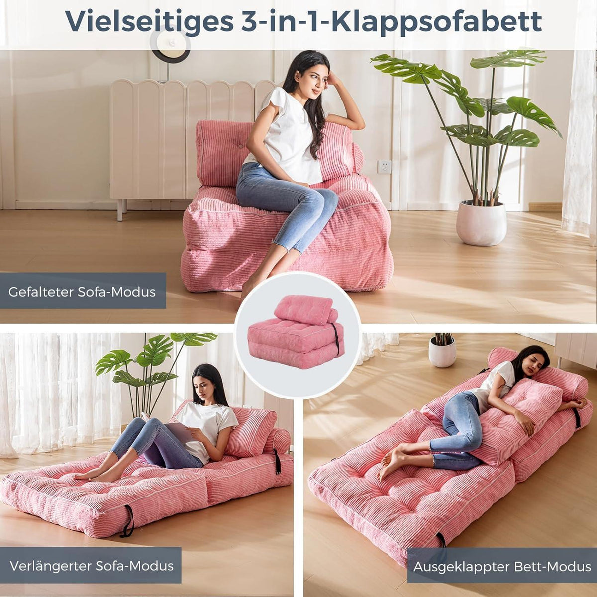 Faltbares Schlafsofa mit Kissen & Matratze – Rosa