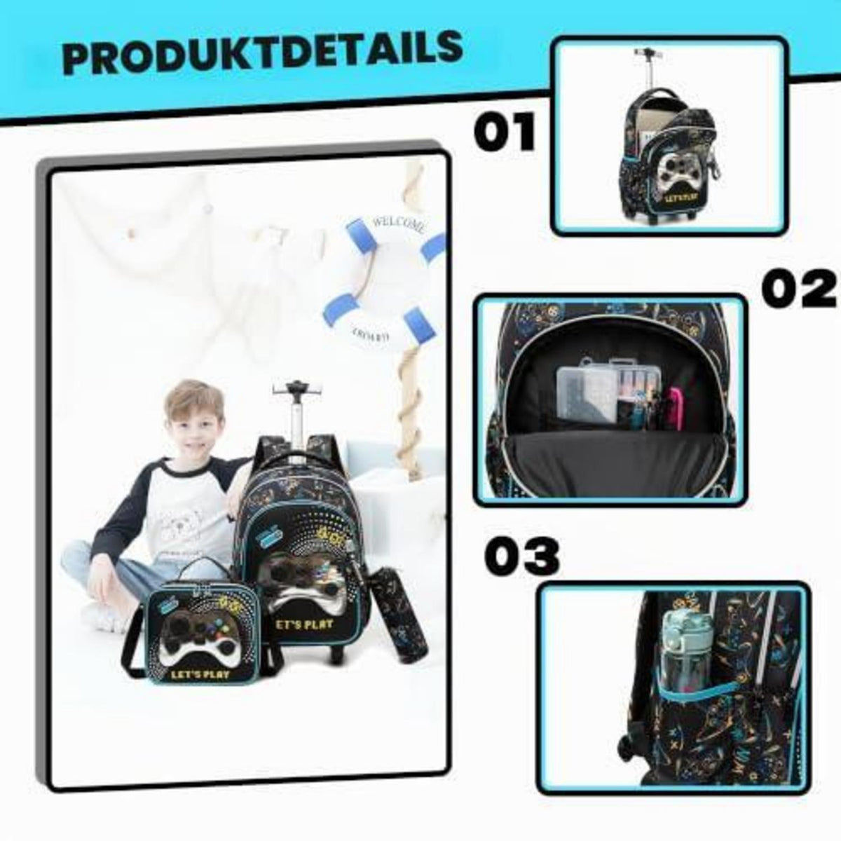 Schultrolley Rucksack für Jungen mit Rollen Weiß Game