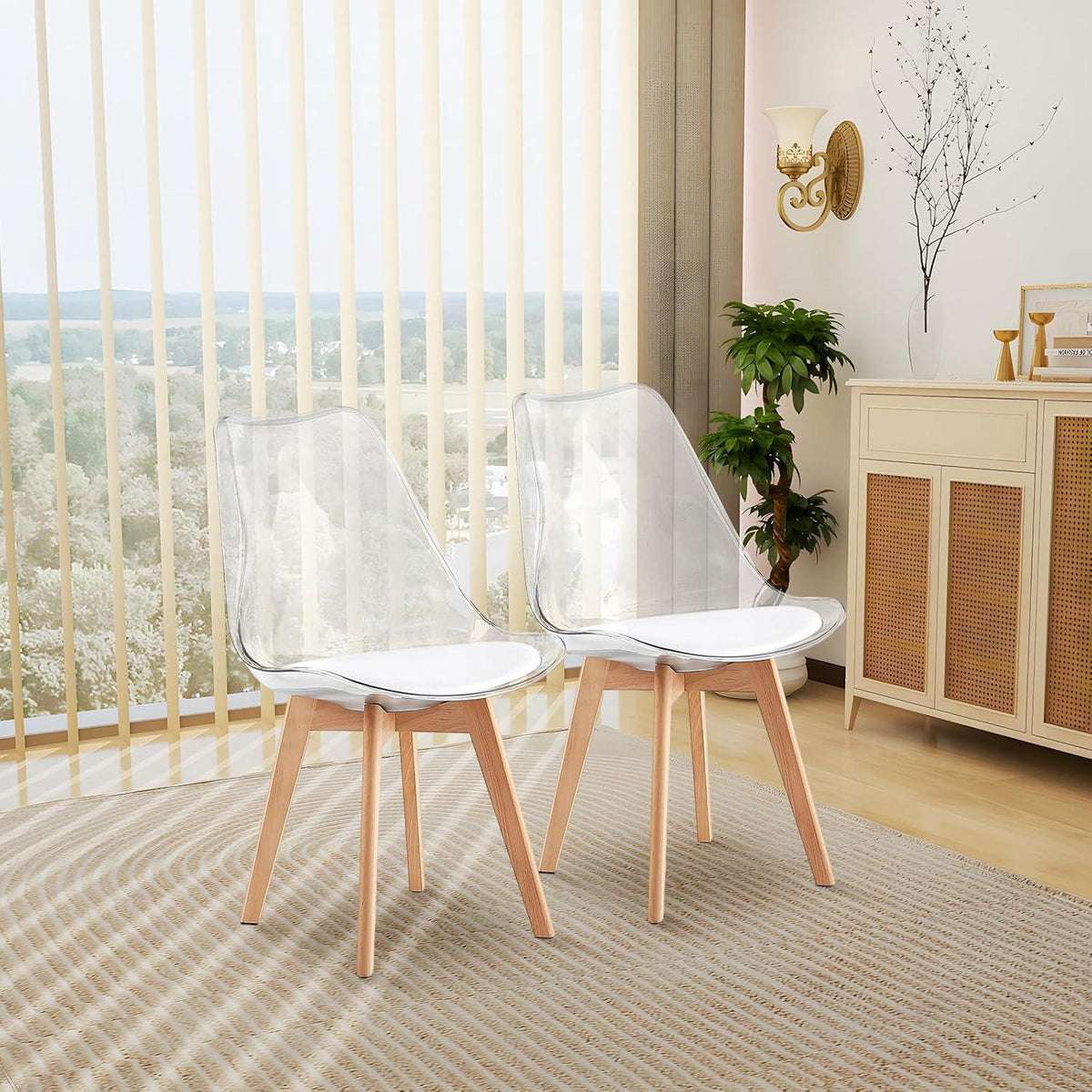 8er Set Esszimmerstühle Skandinavisch – Transparente Rückenlehne & Weißes in Lederoptik
