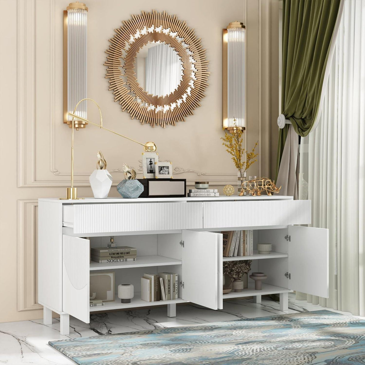 Weißes Sideboard mit 4 Türen & 2 Schubladen – Stauraumschrank 160x40x75cm