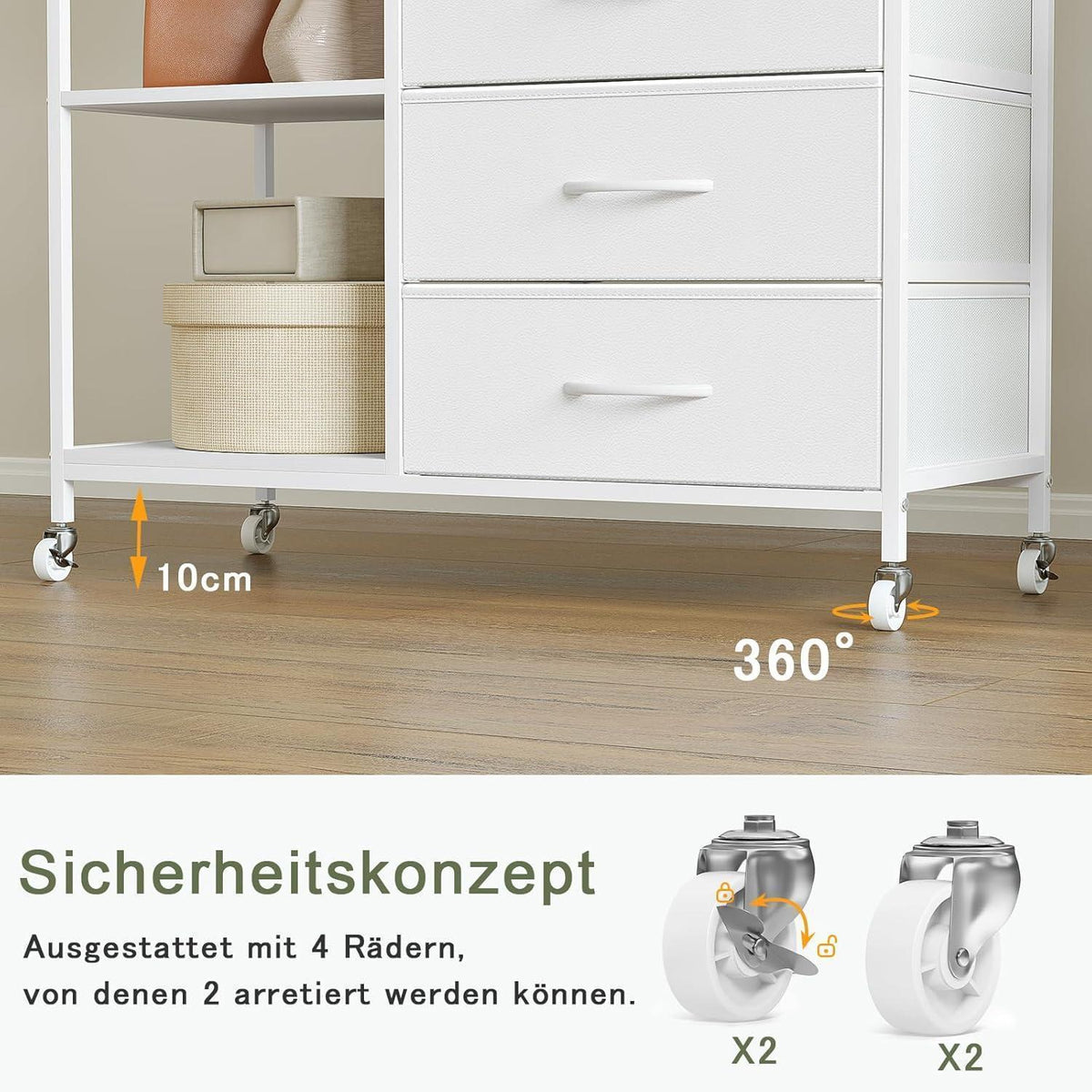 Fahrbarer Kleiderständer mit Schubladen & Haken – Weiß