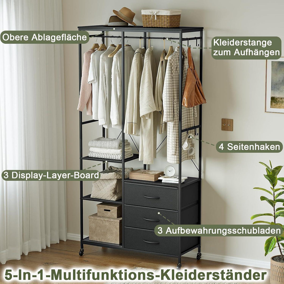 Kleiderständer rollbar mit Schubladen & Haken – Schwarz