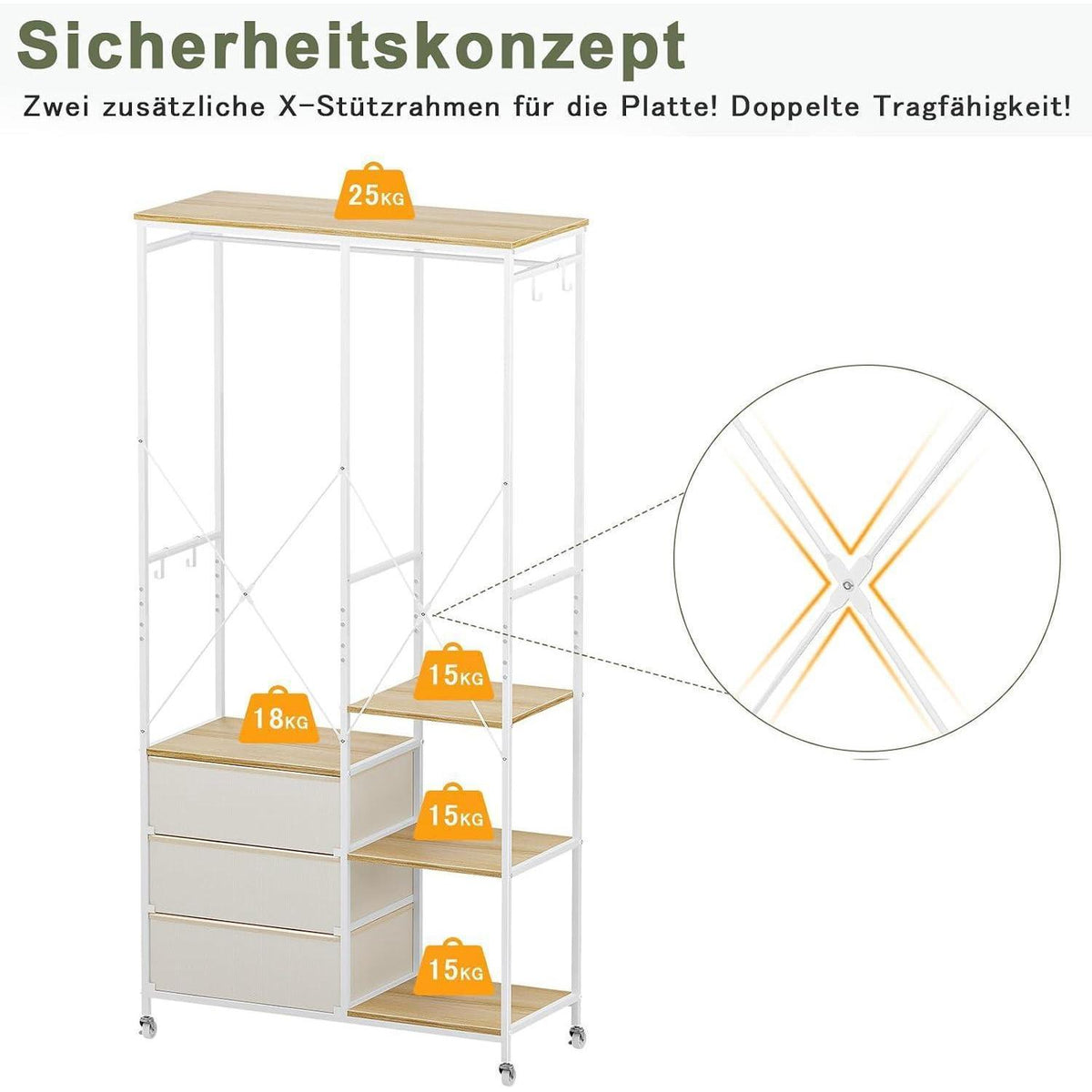 Fahrbarer Kleiderständer mit Schubladen & Haken – Beige