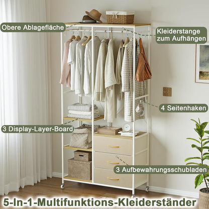 Fahrbarer Kleiderständer mit Schubladen & Haken – Beige