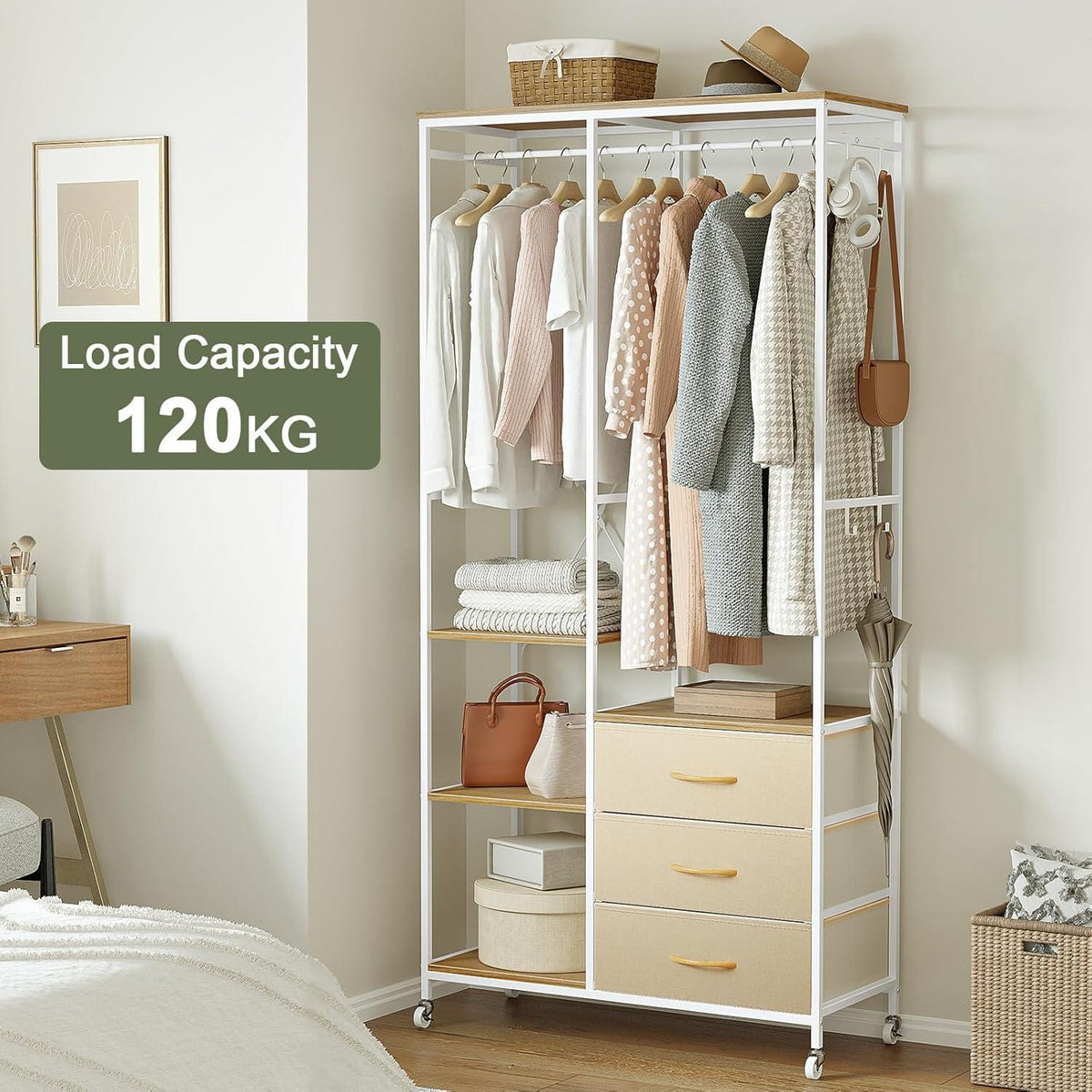 Fahrbarer Kleiderständer mit Schubladen & Haken – Beige