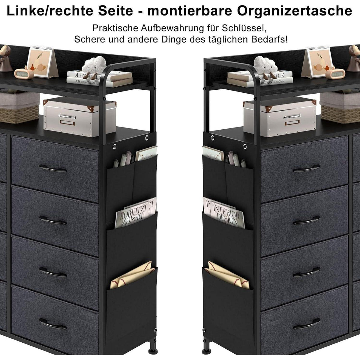 Kommode mit 8 Stoffschubladen & 2 Regalen, Schwarz
