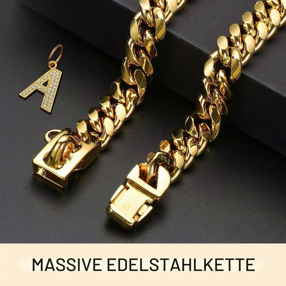 Goldene Hundekette 15mm mit Anhänger – 55cm
