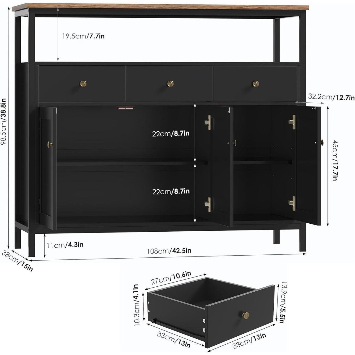 Sideboard mit 3 Schubladen & 3 Türen – Küchenkommode Schwarz