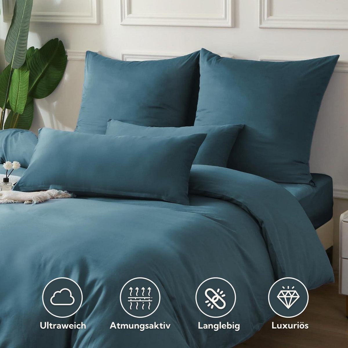 Satin Bettwäsche Set 220x240 Baumwolle Kühlend Pfauenblau