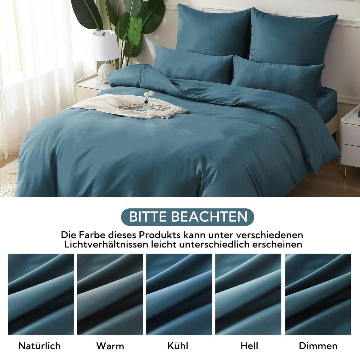 Satin Bettwäsche Set 220x240 Baumwolle Kühlend Pfauenblau