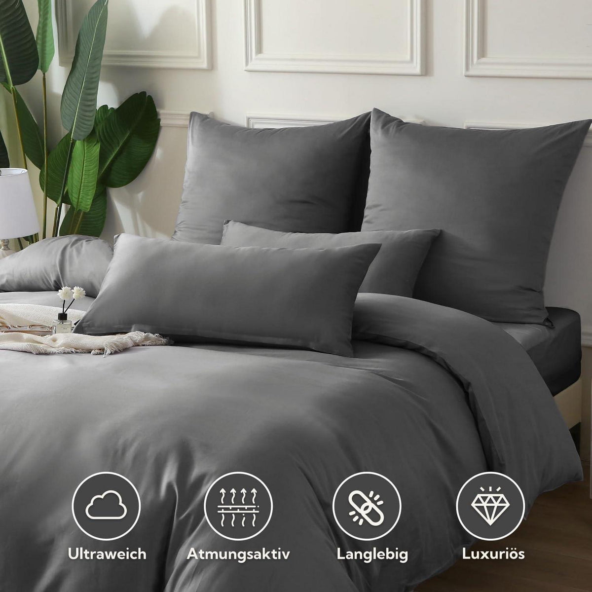 Satin Bettwäsche Set 220x240 Baumwolle Kühlend Kohlegrau