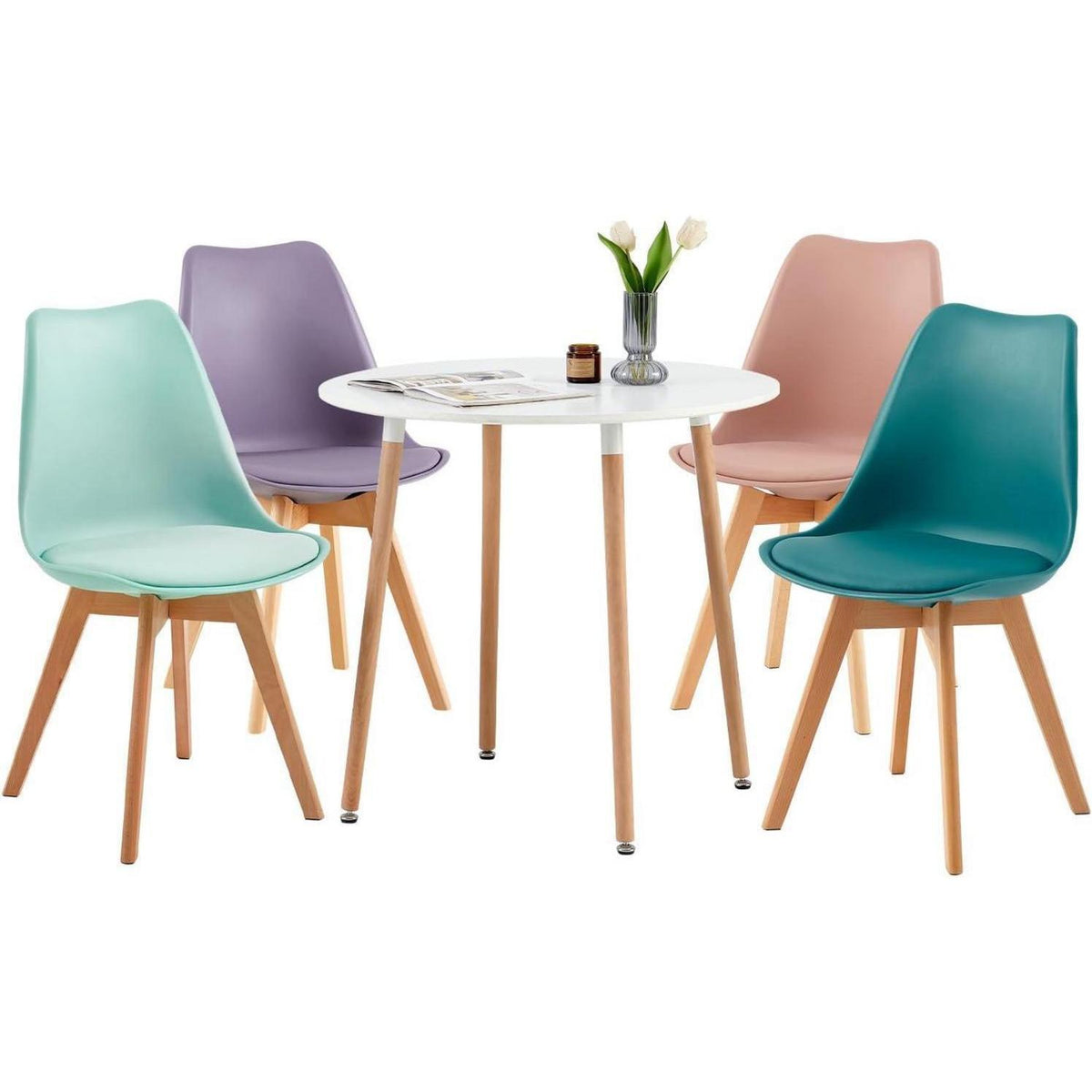 4er Set Esszimmerstühle Retro Skandi Rauchrosa Türkis Mint Grau