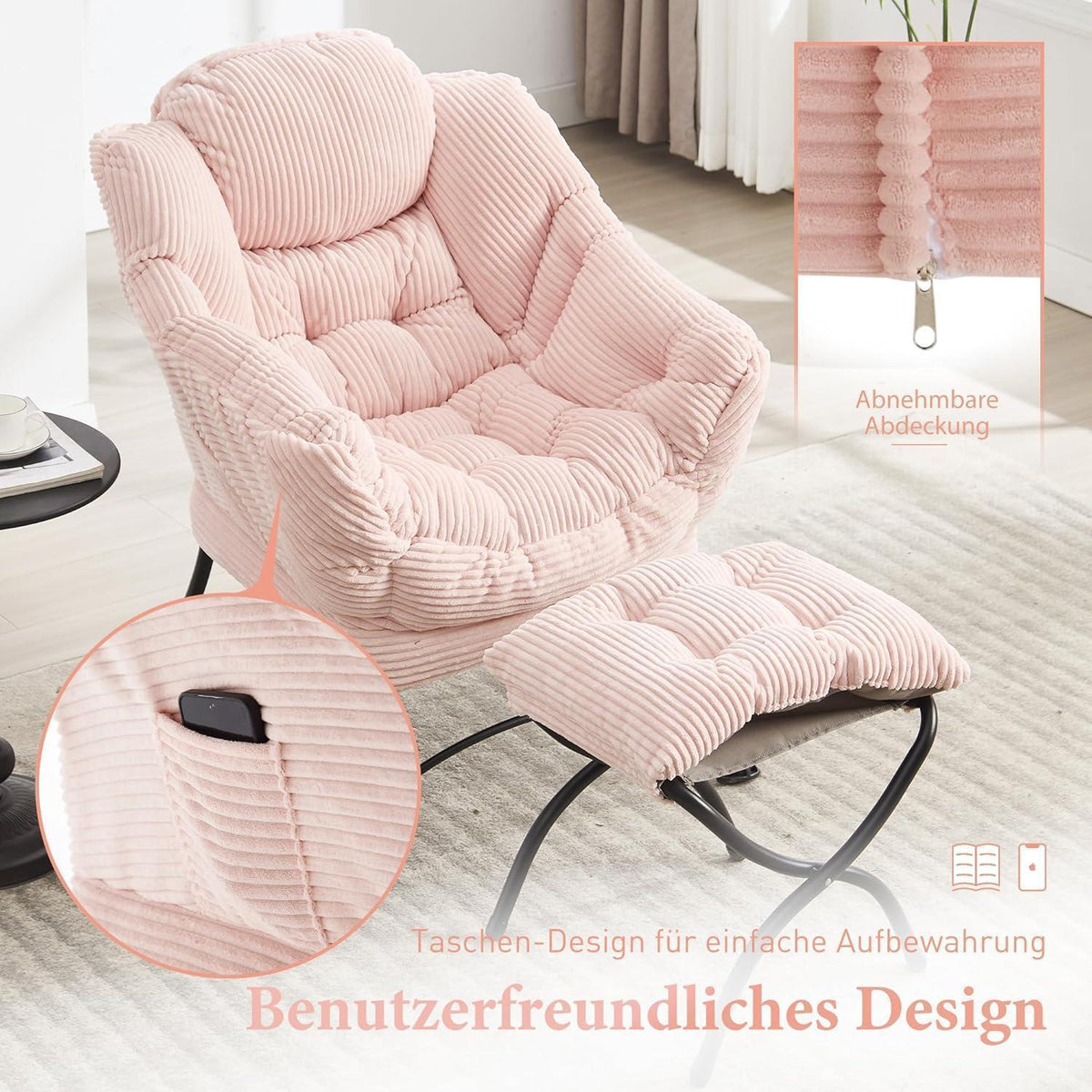 Faulenzersessel mit Ottomane – Rosa Lounge Sessel & Fußhocker