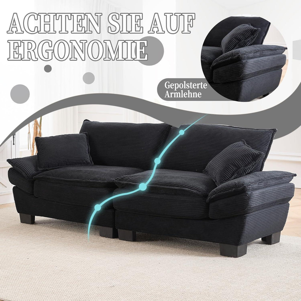Modernes 2-Sitzer Sofa mit Polsterarmlehnen & Beinen (Schwarz)