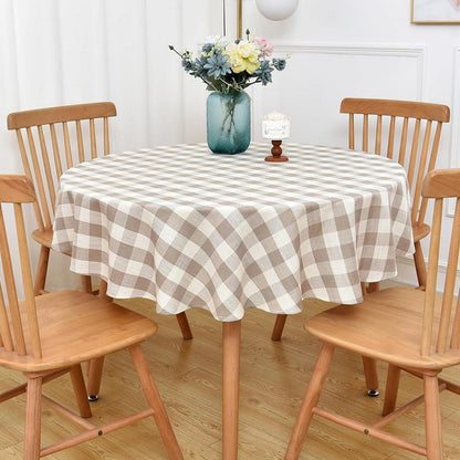 Runde Tischdecke Beige Kariert Ø135cm – Abwaschbar & Leinenoptik
