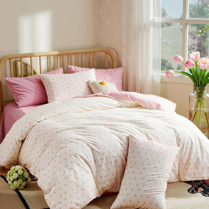 Baumwoll Bettwäsche Set 220x240 cm Schleifen Beige Rosa