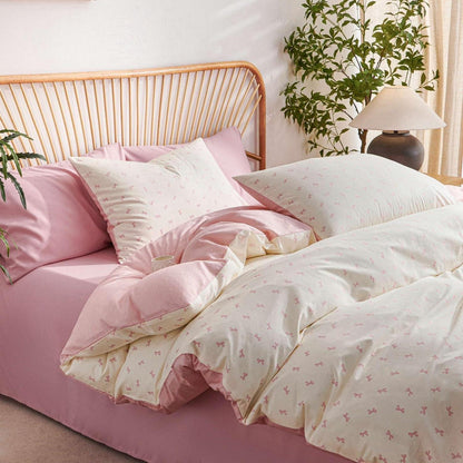 Baumwoll Bettwäsche Set 220x240 cm Schleifen Beige Rosa