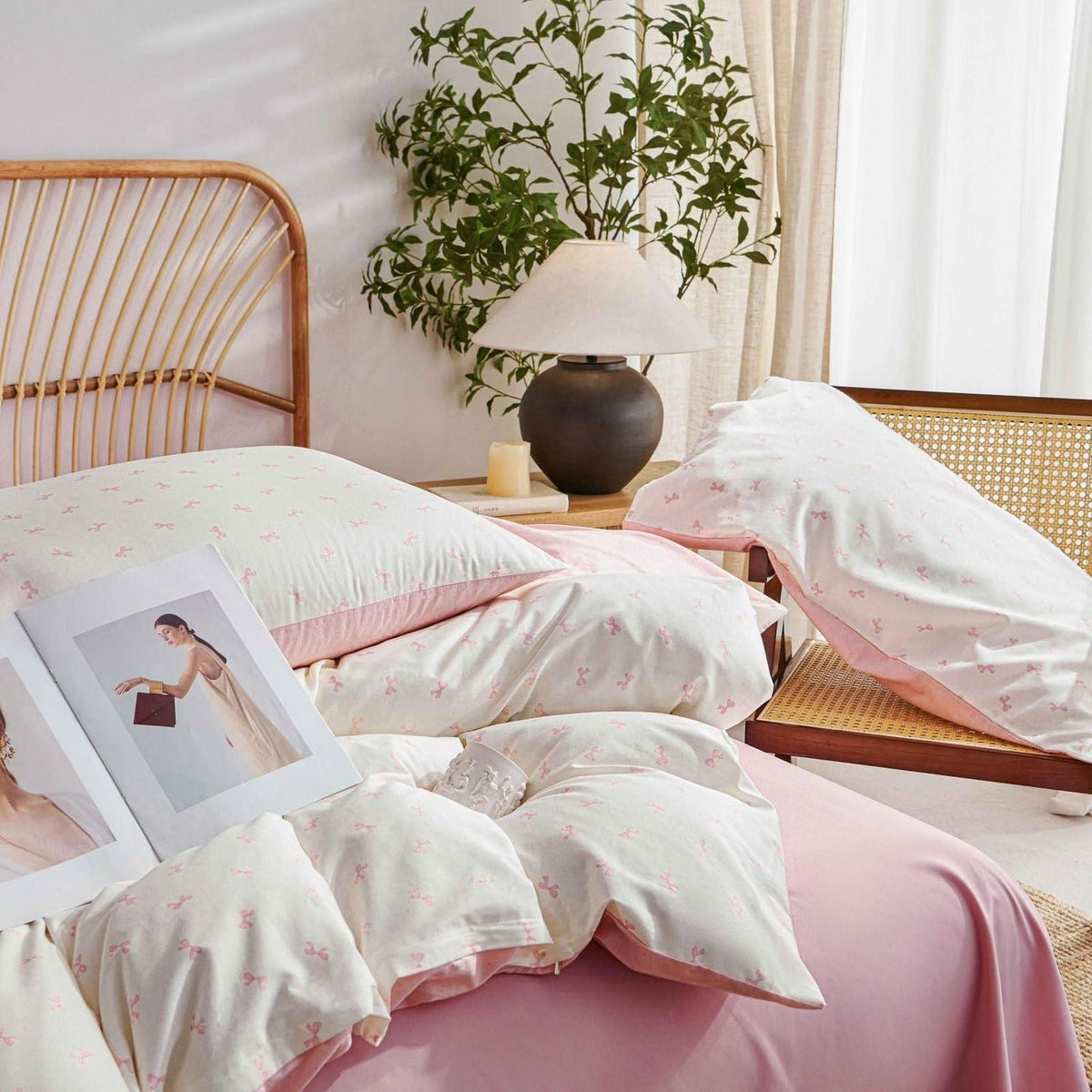 Baumwoll Bettwäsche Set 220x240 cm Schleifen Beige Rosa