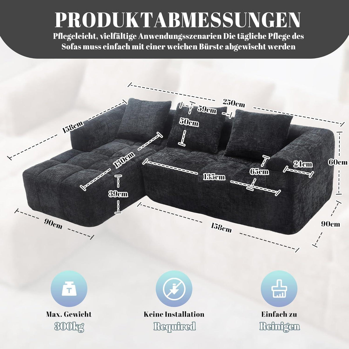 Modernes 3-Sitzer Sektionssofa mit Chaiselongue (Schwarz)