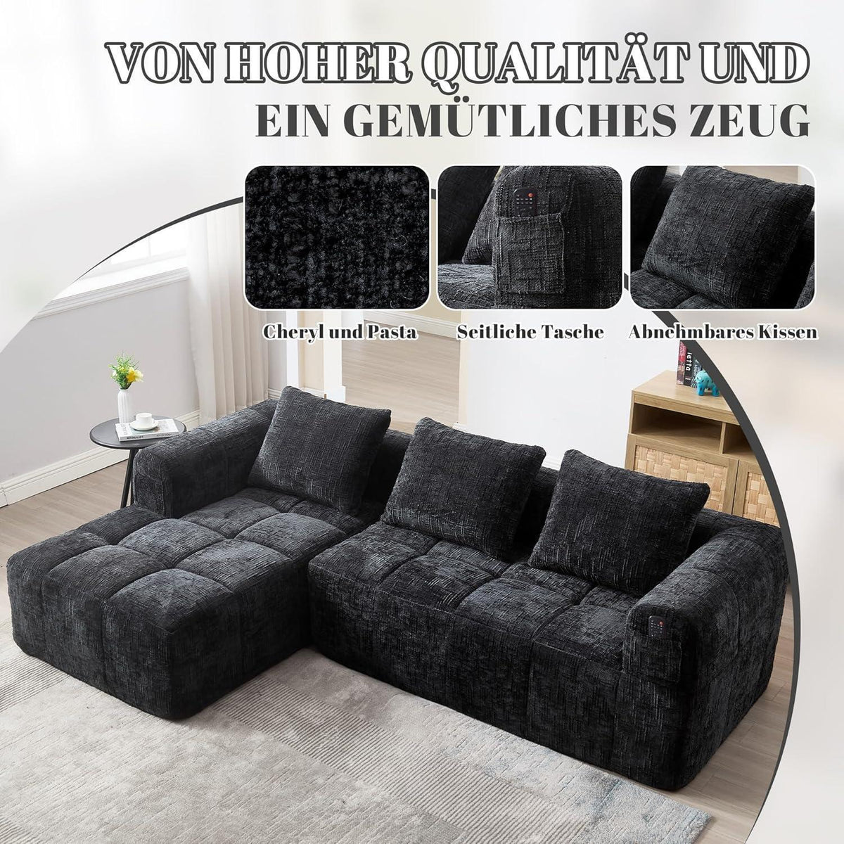 Modernes 3-Sitzer Sektionssofa mit Chaiselongue (Schwarz)