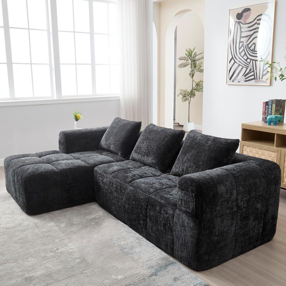 Modernes 3-Sitzer Sektionssofa mit Chaiselongue (Schwarz)