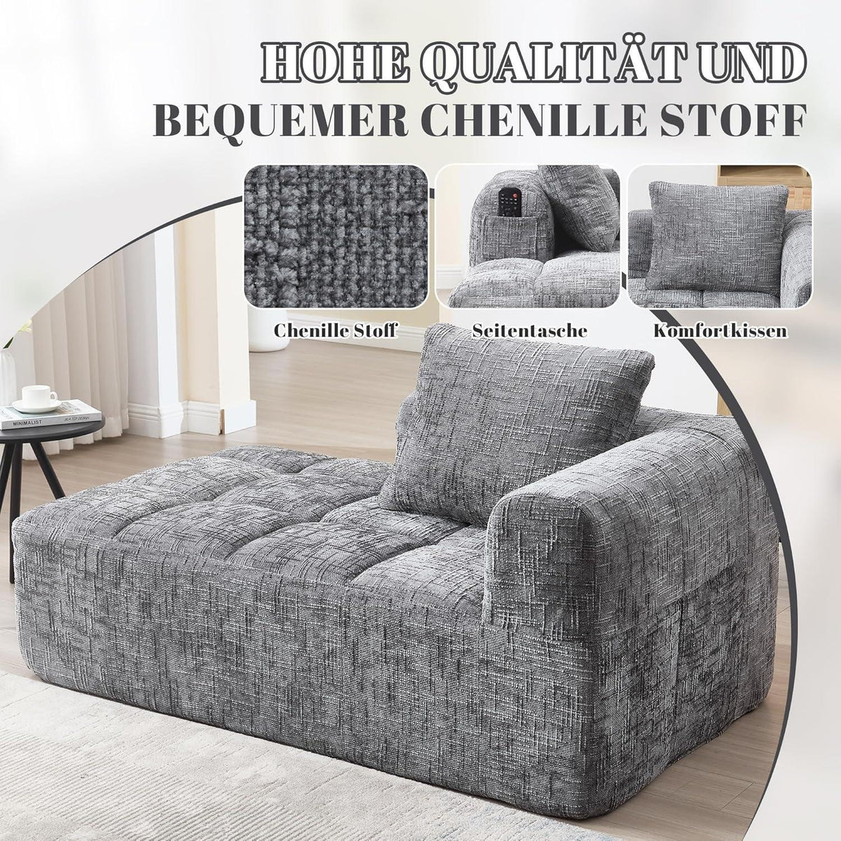Modernes 1-Sitzer Sofa mit Chaiselongue (Grau) – Kein Aufbau