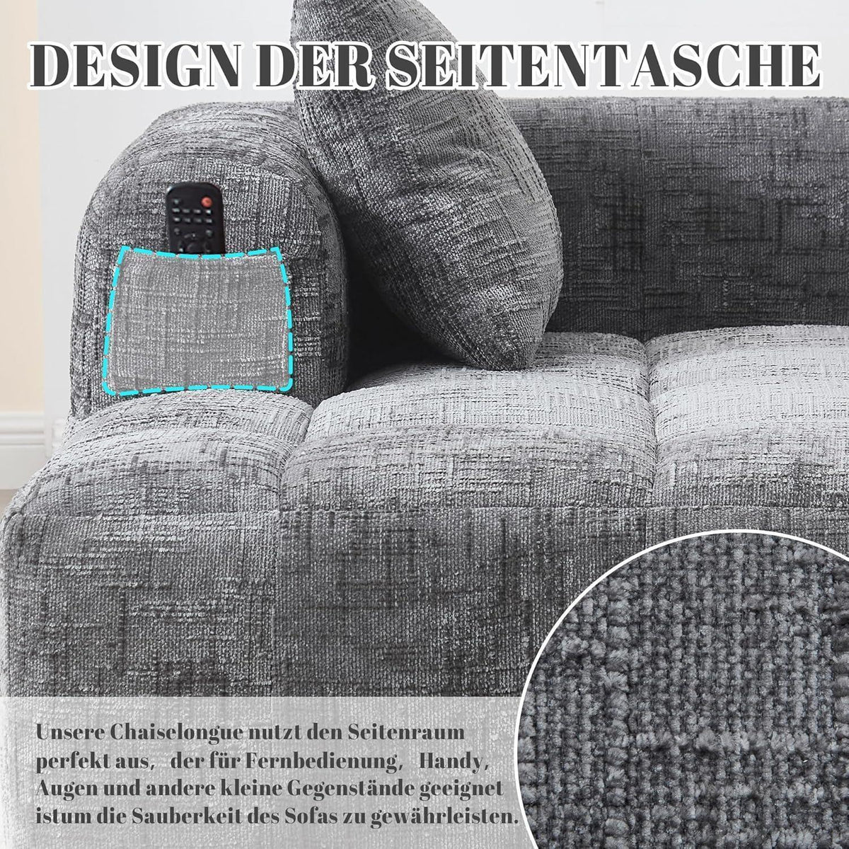 Modernes 1-Sitzer Sofa mit Chaiselongue (Grau) – Kein Aufbau