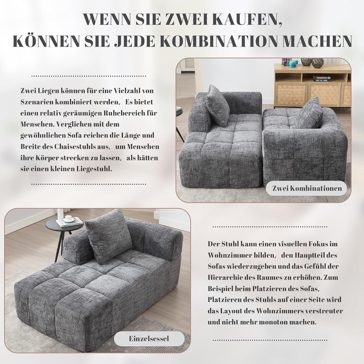 Modernes 1-Sitzer Sofa mit Chaiselongue (Grau) – Kein Aufbau