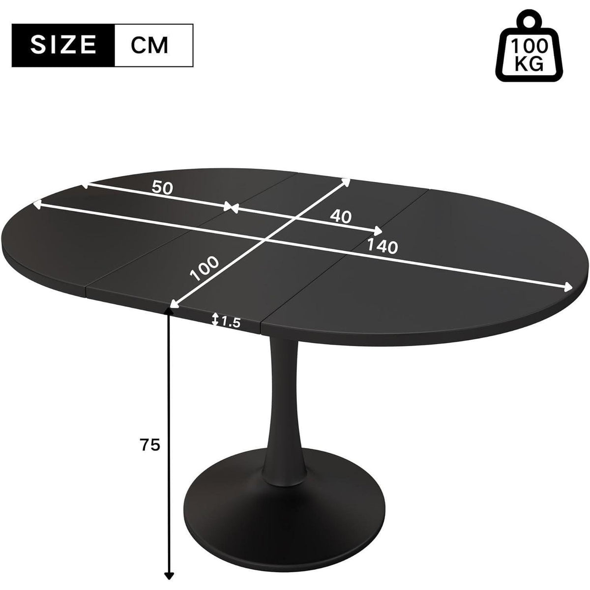 Ausziehbarer Esstisch oval, Schwarz – 100/140 x 100 cm